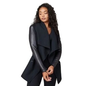 SPANX Faux Leather Drape Front Jacket Black Relaxed Fit Moto Blazer Sz S Jacket